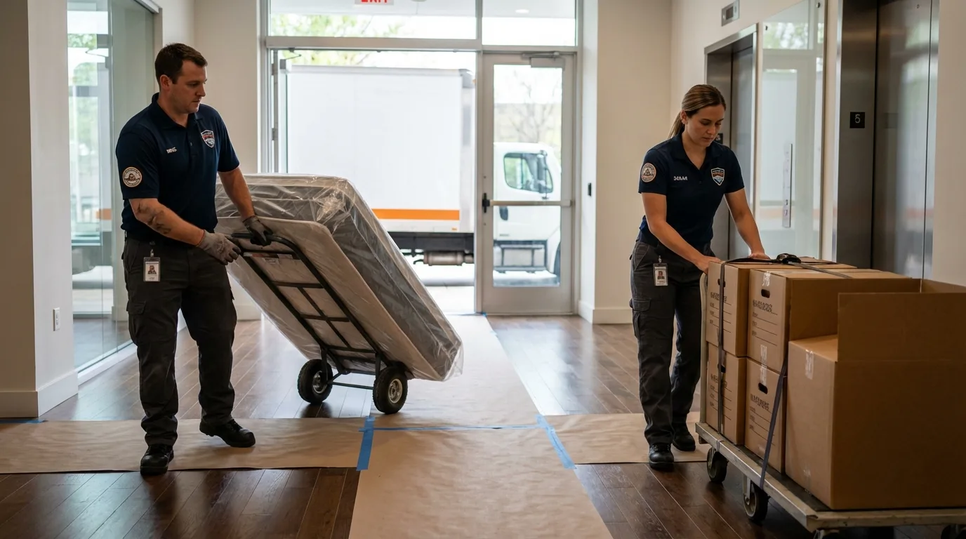 Professional apartment movers loading elevator in Picayune, MS